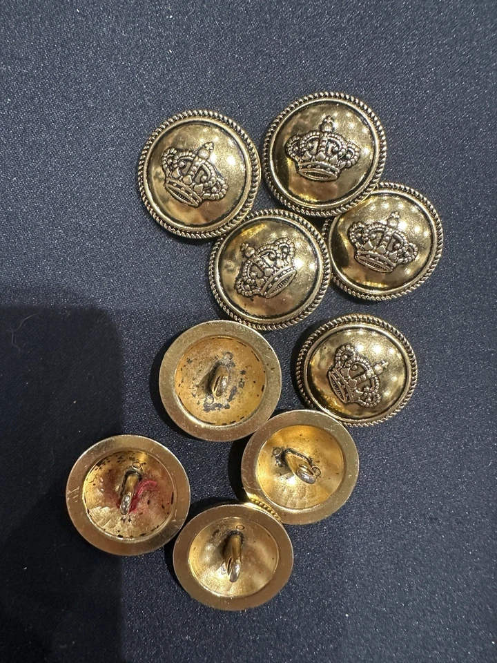 9 Vintage Military-Style Crown Buttons Gold Tone Metal Shank Button Uniform 25mm - Image 2 of 4