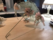 Wonderful Vintage Doll Parasol Umbrella Tulle Ribbon Flowers Green  Pink
