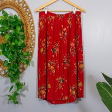 Leslie Fay Red Floral Pleated Midi Skirt Cottagecore Romantic Vtg Dark Autumn