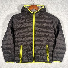 Eddie Bauer Reversible Puffer Jacket Boys Medium 10/12 Black Gray Nylon Hooded