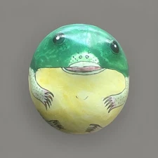 VTG enamel frog trinket box Hand Painted Green Yellow Imported 3 inches