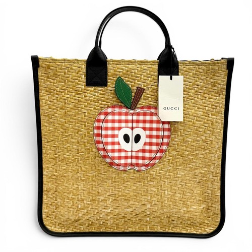 Gucci 648841 Children'S 3D Apple Gingham Check Straw Tote Bag Handbag Natural Ma