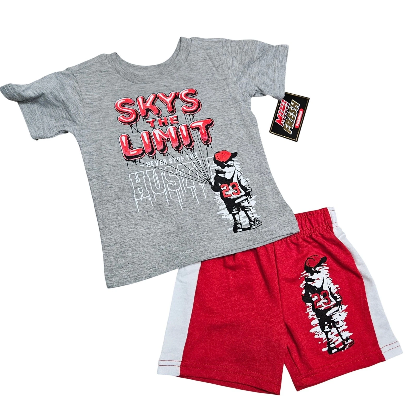 Mini Fresh T-shirt and Shorts Set Kids 2T Gray Red Graphic Basketball Streetwear