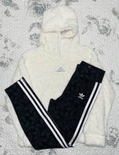 Girls Adidas Cream/Silver Sherpa Hoodie  Black Trefoil Leggings Sz/ M 10-12 
