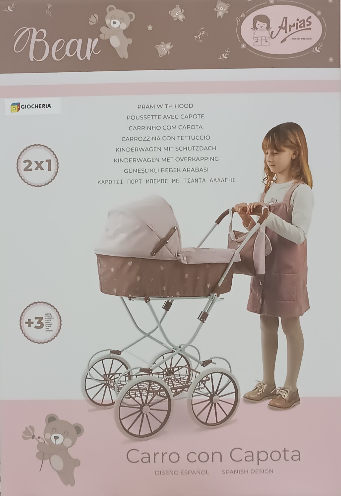 Passeggino per bambole Arias 2x1 con capottina e marsupio