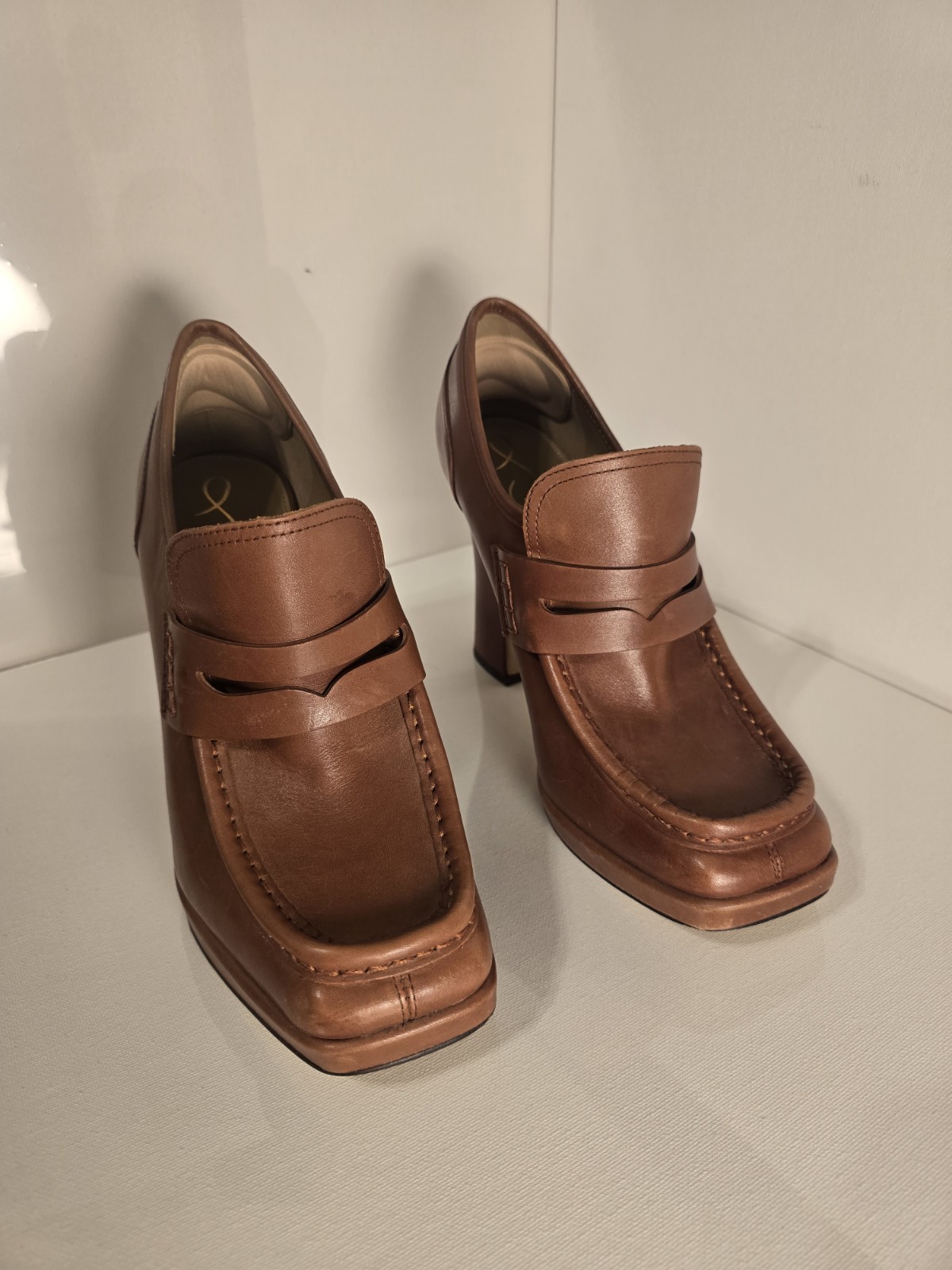 Brown Solid Leather Square Toe Block Heel Slip On… - image 2