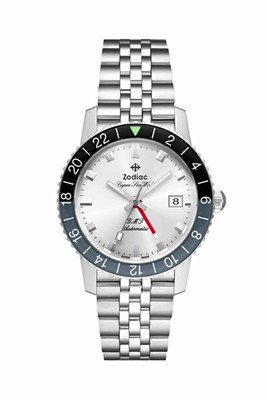 Zodiac Super Sea Wolf GMT Automatic 40mm Silver Dial Black Bezel Box ZO9415
