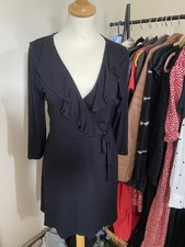 Selfridge Black Wrap Dress UK 12 Ruffle Front Tie Waist Midi Pre Owned