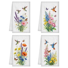 4Pcs Hummingbird Flowers Kitchen Towels, Birds Floral Seasonal Spring Summer ...