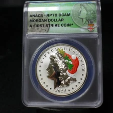 2022 Morgan Silver Dollar Fiji Mint  ANACS RP70 Colorized Santa Hat 1st Strike