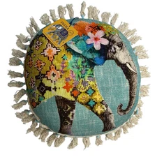 Throw Pillow World Travel Collection Elephant Needle Point Round Tasseled Boho