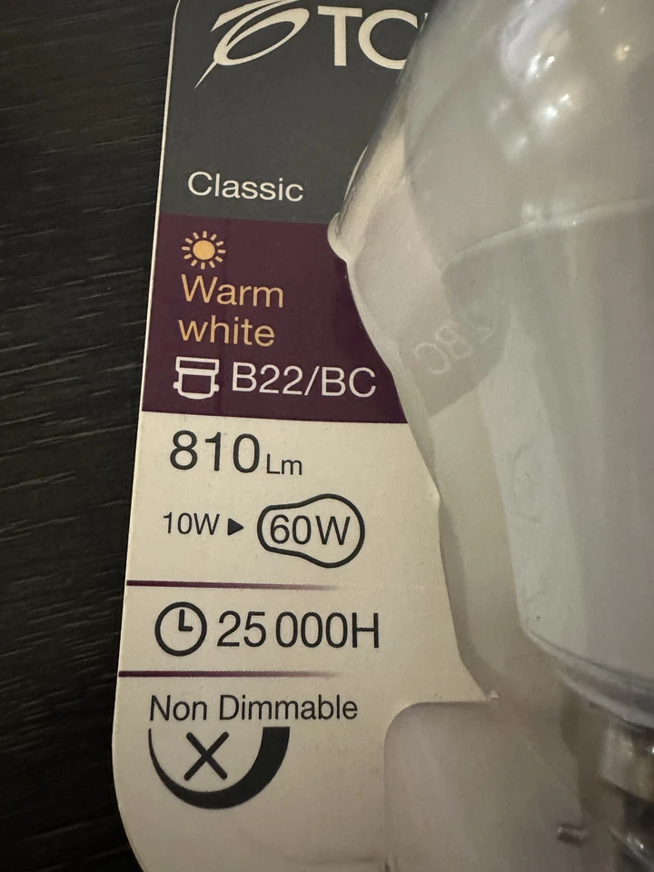 TCP BC/B22 Bayonet, 60W LED Bulb, 810 Lumen, 3000 kelvin 25,000 hours NICHIA - Image 4 of 4
