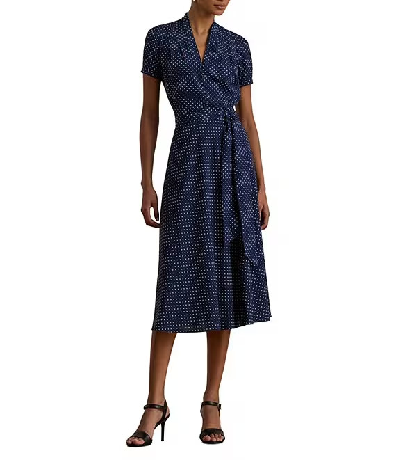 Lauren Ralph Lauren Crepe de Chine Lunares Cuello en V Manga Corta Ajuste y Acampanado Dre