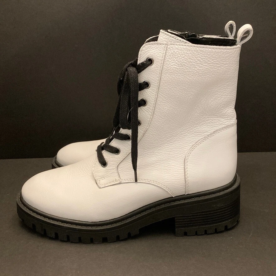 Bota de Combate Crown Vintage Cuero Blanco Mujer 10 M Cremallera Lateral Con Cordones Foto 4 de 4
