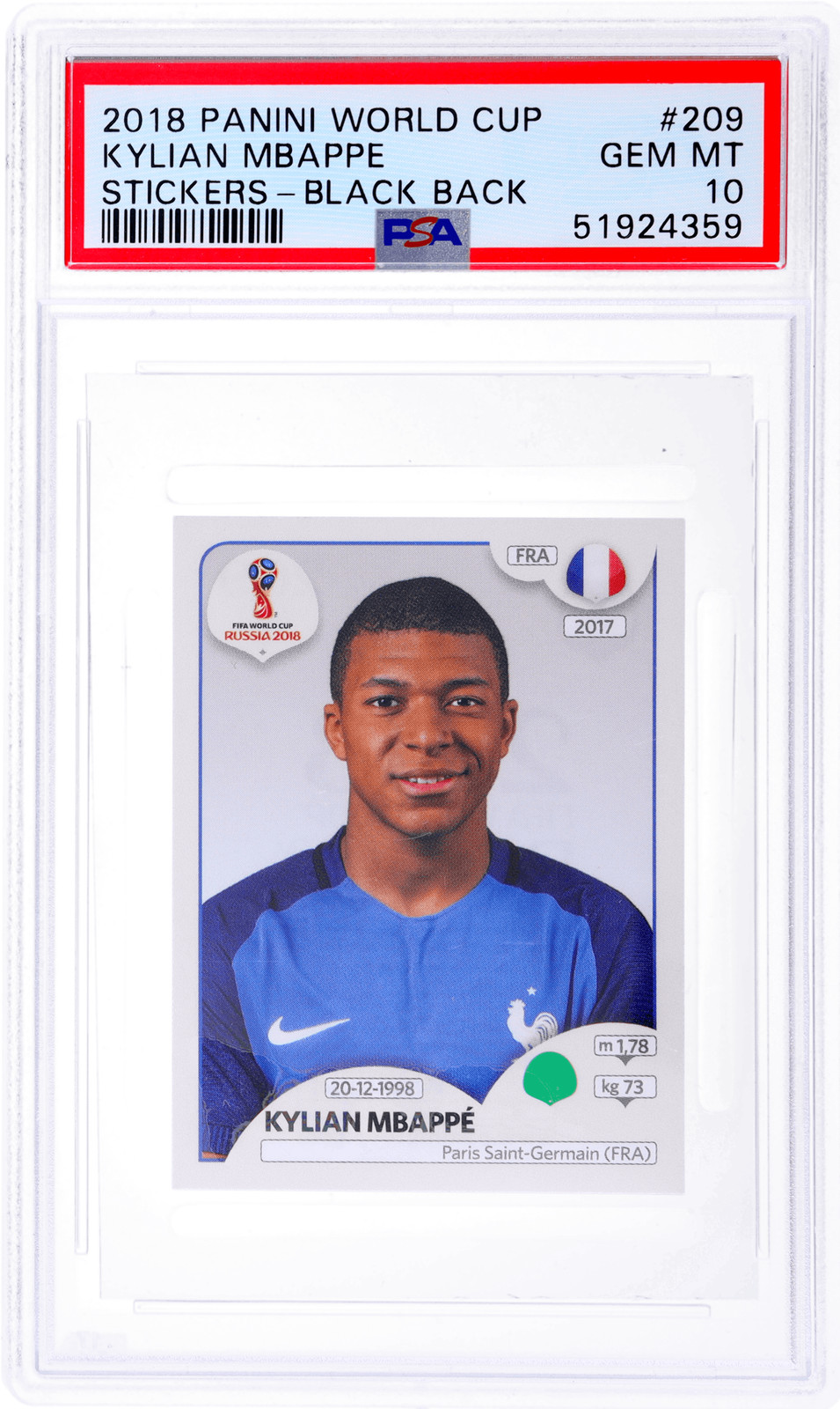 2018 Panini World Cup Stickers Kylian Mbappe Black Back #209 PSA 10