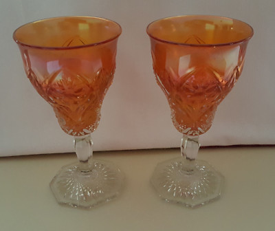 Pair of Rare Antique COSMOS MARIGOLD Carnival Glass Goblets Imperial Glass #474