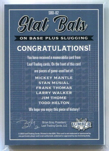2022 Leaf Lumber Stat Bats Helton Thome Walker Thomas Musial Mantle 6 Bat 6/6 - Picture 2 of 2