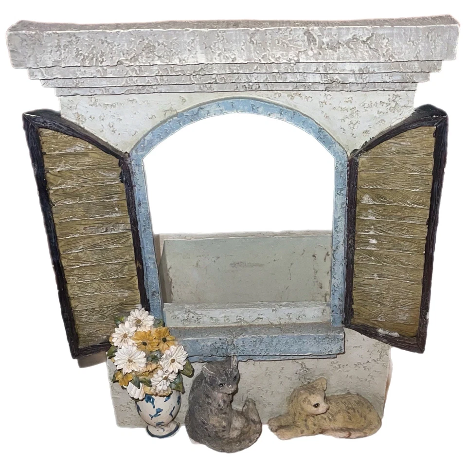 Rare Garden Cat Planter Window Frame & Shutter Flower Wood Resin Rustic 3D Retro - Image 2 of 4