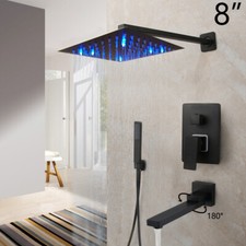 8" LED Rain Black Shower Faucet Set Square Head Hand Spray Mixer Swivel Tub Tap