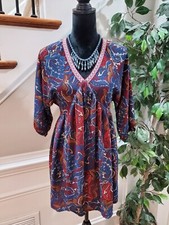 Umgee Boho Paisley Cotton V-Neck Half Sleeve Festival Dress Size Small