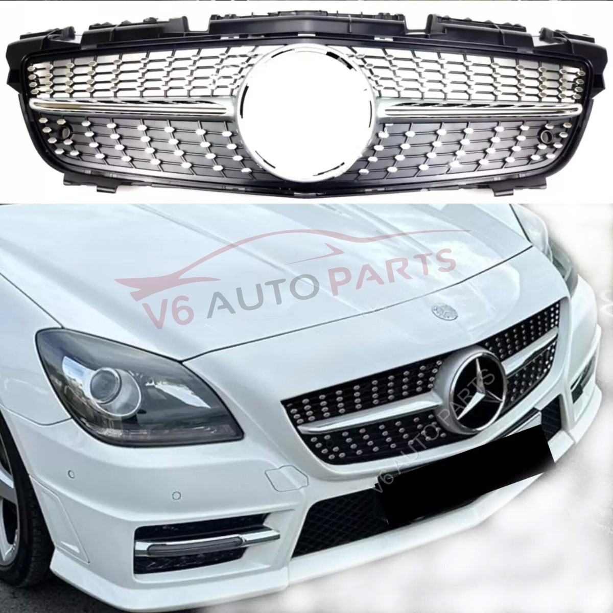 Griglia Anteriore A Rombo Stile GT Per Mercedes SLK Classe R172 (2011-2015), Colore Argento, Materiale ABS, Non Adatta A SLK63