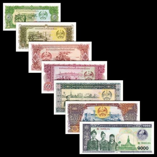 Laos 5 10 20 50 100 500 1000 Kip, P26-P32, set of 7 notes, banknote, UNC