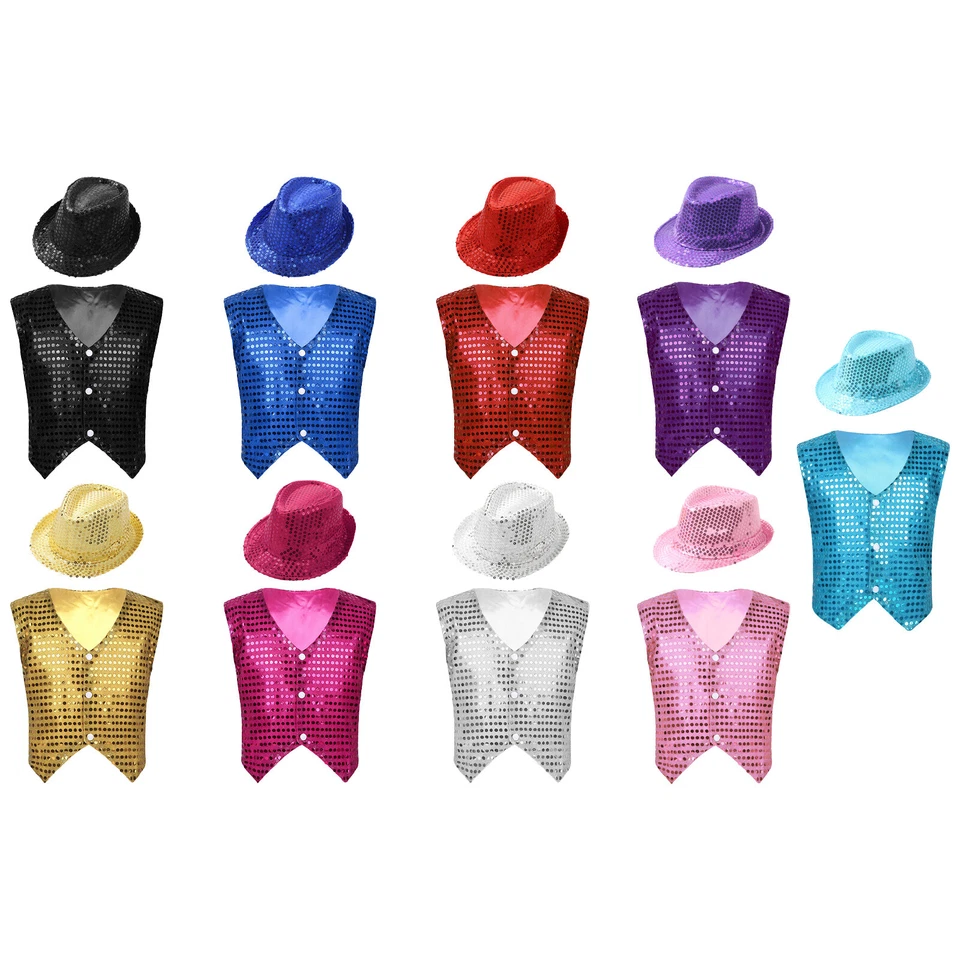 Conjunto Chaleco Chaleco y Sombrero Niños Lentejuelas Baile Hip Hop Performance Fiesta Disfraz Foto 3 de 4