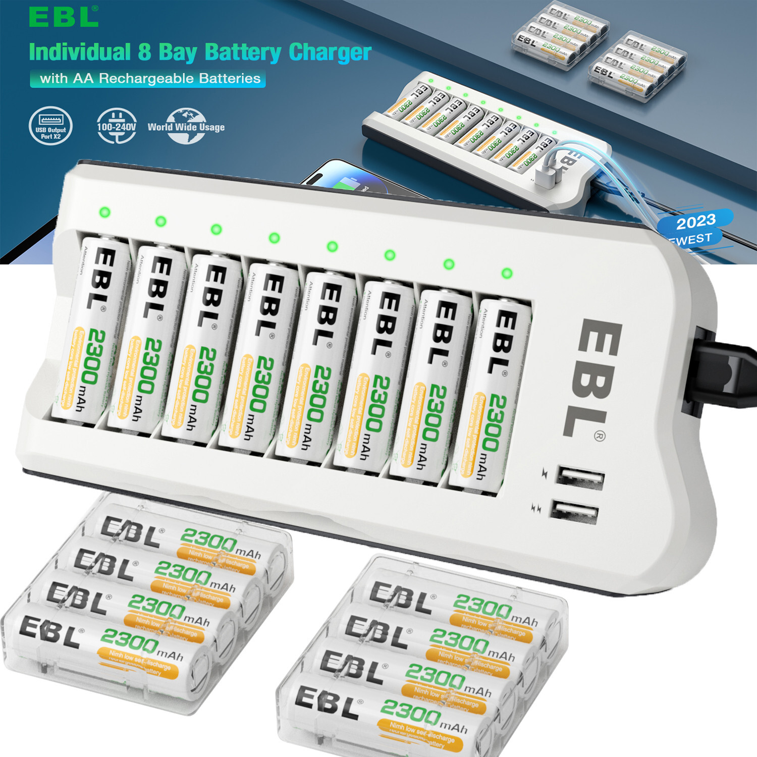 EBL 8x 1.2V Rechargeable AA Batteries 2800mAh Ni-MH Double A Battery + Charger