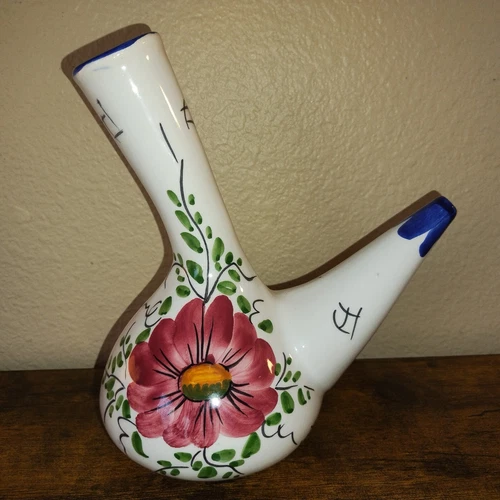 Vintage HNOS Martinez S.L. Hand Painted Flower Aerating Wine Decanter Vase Spain