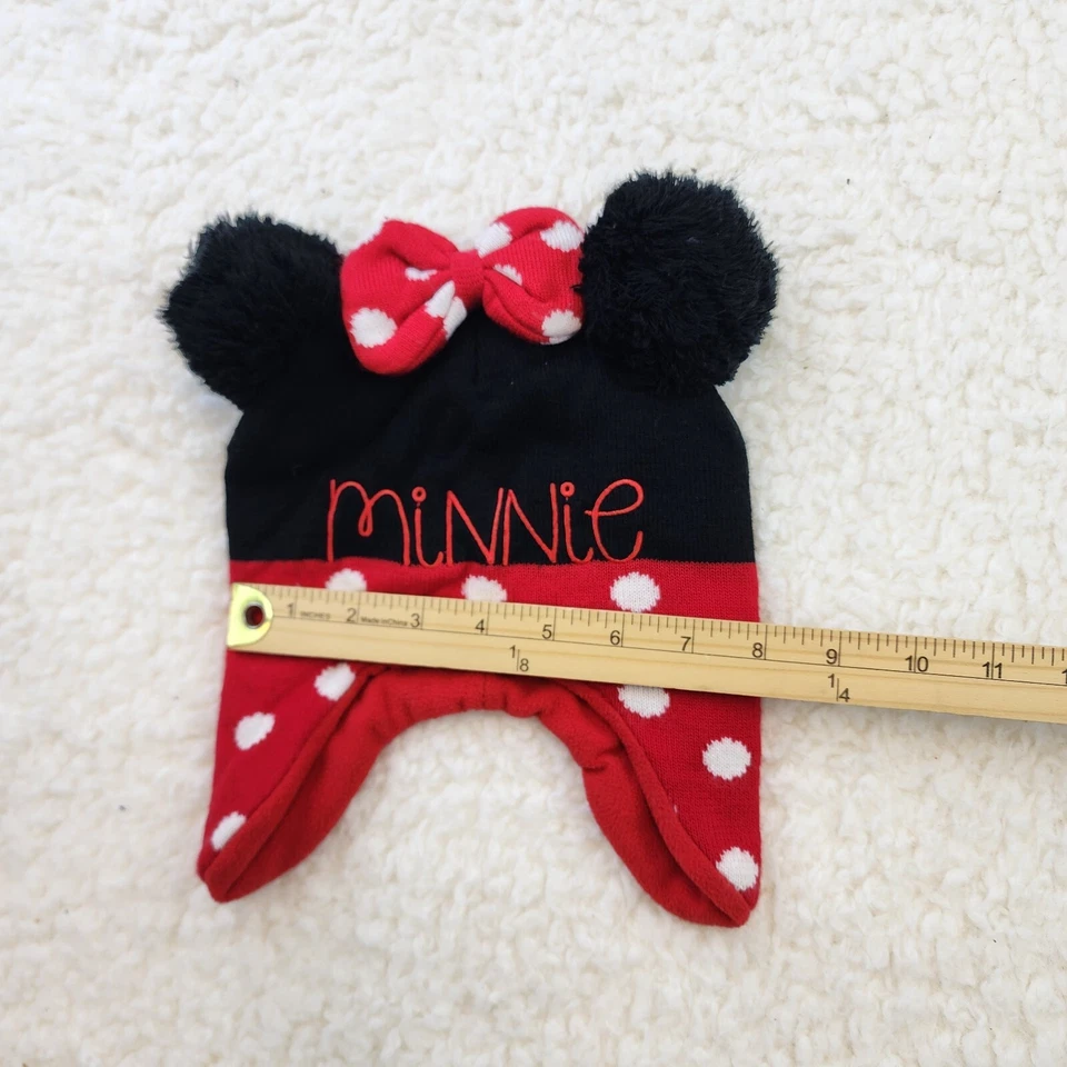 Disney Minnie Mouse Medias Tejido Sombrero Niña 2T-5T Negro Rojo Pompones Orejas Arco Foto 3 de 4