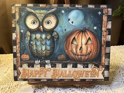 Owl & Jack O Lantern Pumpkin, Happy Halloween, Handcrafted Plaque / Sign