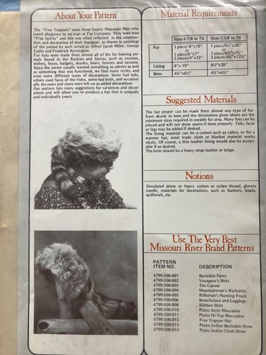 VTG 1987 FREE TRAPPER HAT MISSOURI RIVER PATTERNS BRAND NOS USA MOUNTAIN MAN FUR - Picture 2 of 4