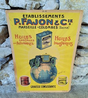 Huiles Auto P.Fajon Torpedo Carton Publicitaire original No Plaque Émaillée