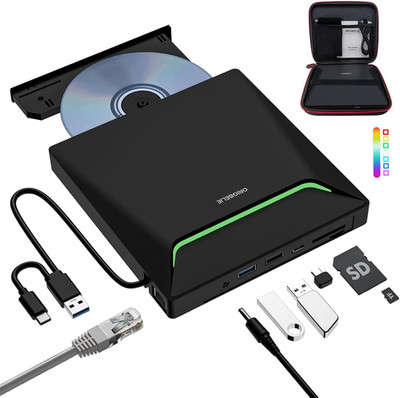 New External CD DVD Drive, Cool DVD Burner USB 3.0 with Ethernet Adapter, 3 USB