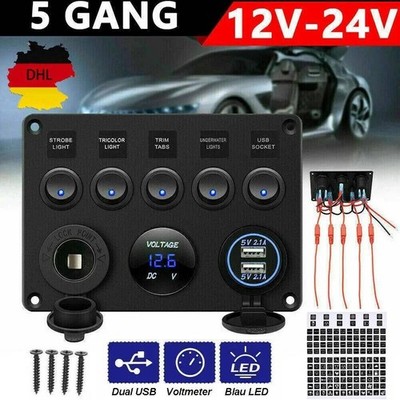 5 Gang LED Schaltpanel für Auto Boot Schalter Schalttafel Voltmeter USB 12V 24V