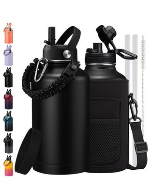 Half Gallon Insulated Water Bottle 48H Cold Keeps - Carrier Pouch Straw Included