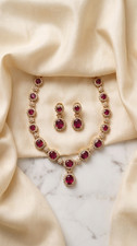 Gold Plated Choker Necklace Set Simulated Ruby Earrings Indian Bridal Jewelry
