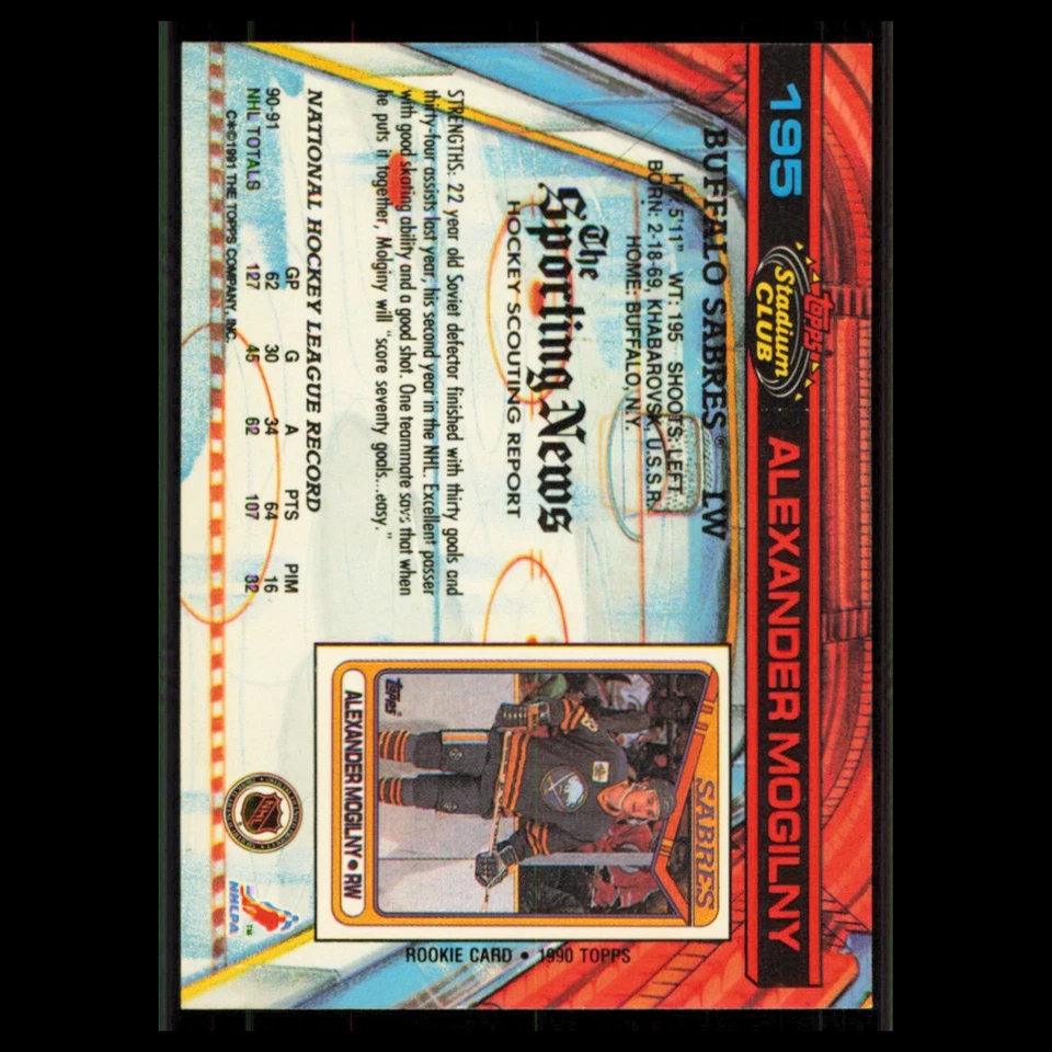 Alexander Mogilny #195 1991 Topps Stadium Club Buffalo Sabres Hockey Card NHL NM - Image 2 of 3