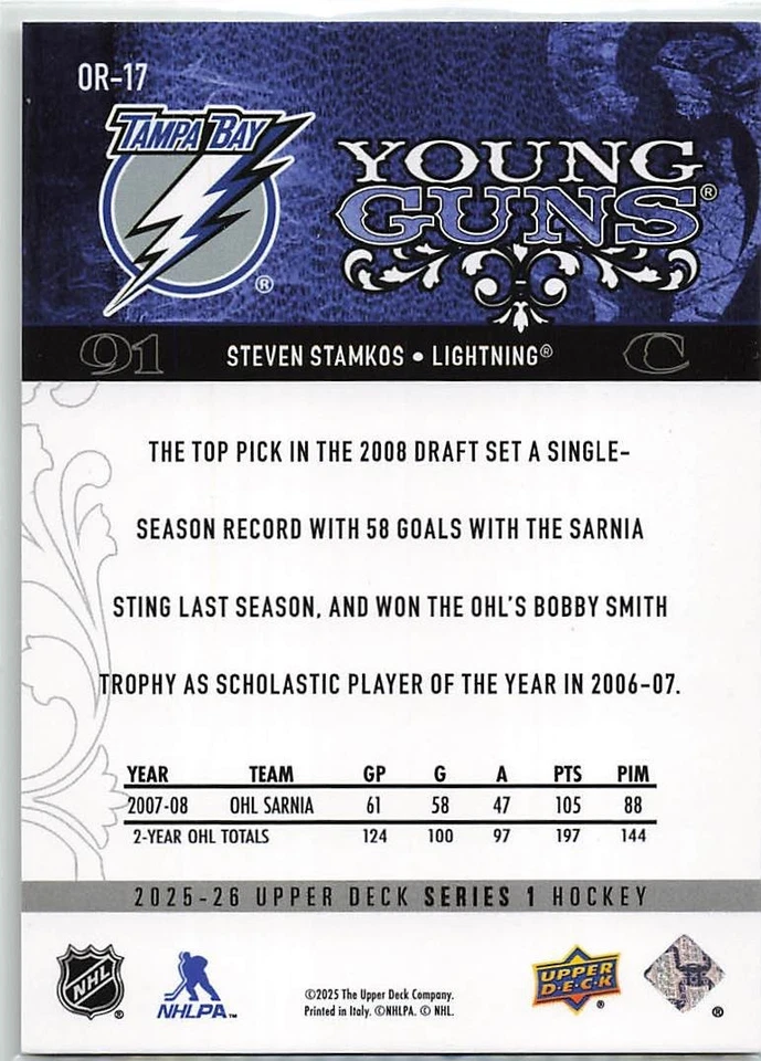 2025-26 Upper Deck Series 1  RETRO OUTBURST YOUNG GUNS RC Steven Stamkos  SSP - Image 2 of 2