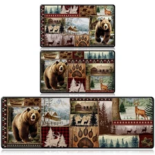 Farmhouse Kitchen Rugs Sets of 3, Rustic Forest Bear Deer Kitchen Mats Non-Sl...