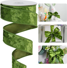 Moss Green Velvet Wired Ribbon 1-1/2", Light Moss Wire Ribbon for Spring Wreaths