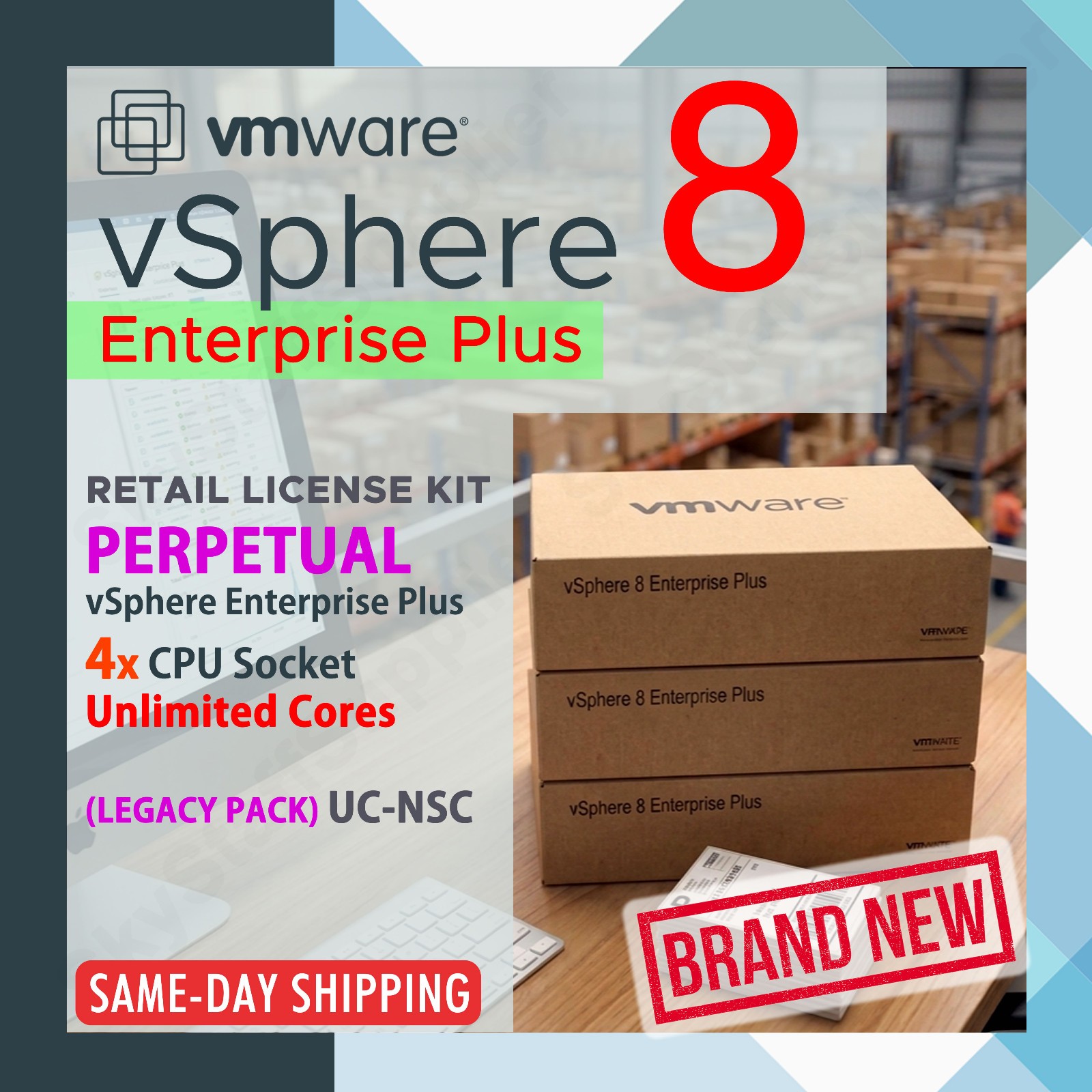 VMware vSphere 8 Enterprise Plus 4-CPU Perpetual License - UC NSC RETAIL NEW