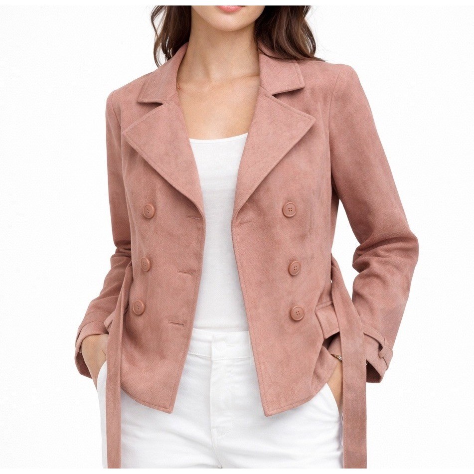 Blazer Jacket Coat Pink Double Breasted Womens Sz Small VTG Y2K Pink Faux Suede-image