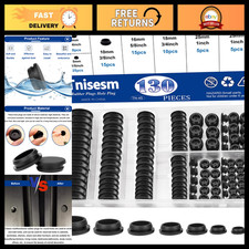 130PCS Black Rubber Plugs Set, 8 Sizes for Round Holes, Snap Locking Silicone Pl