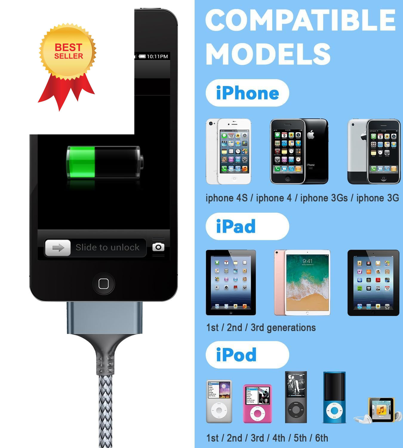 Herfair USB to 30 Pin Charger Cable (10FT) Nylon Braided Fast 3M/10FT 