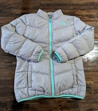 The North Face 550 Down Puffer Jacket Girls XL 18 Gray Light Blue Full Zip