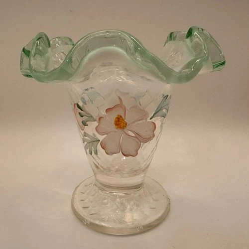 Vintage 4" Fenton Meadow Beauty Green Optic Opalescent Ruffle Vase Signed L Luca