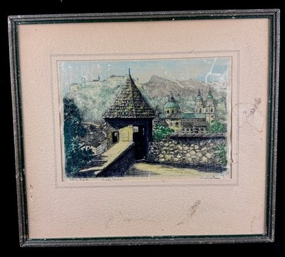 Radierung Salzburger Szene Aquarell auf Seide signiert gerahmtes Gemälde 13x11'' Druck 