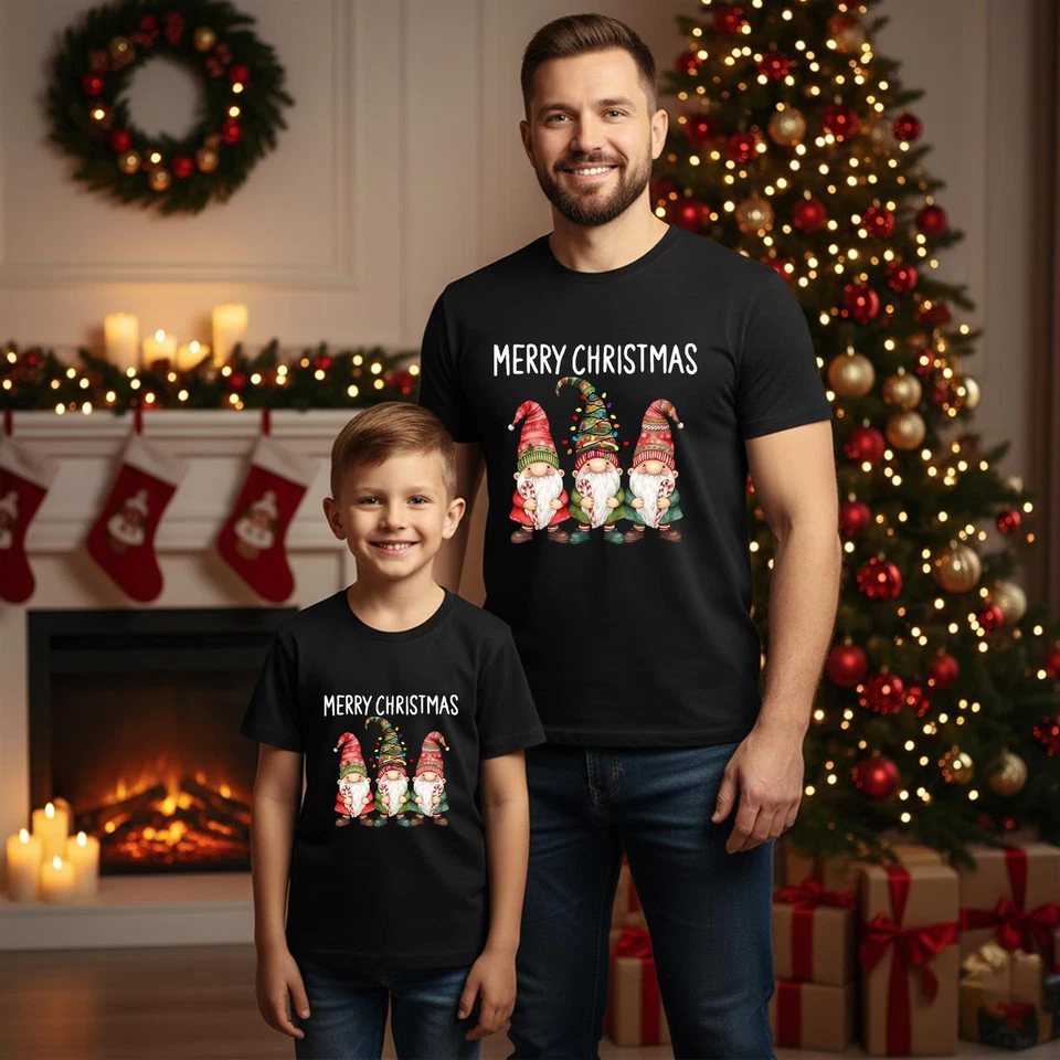 FRUIT OF THE LOOM Three Gnomes Matching Family T-Shirt Merry Christmas Lights Unisex Tee Xmas Gift