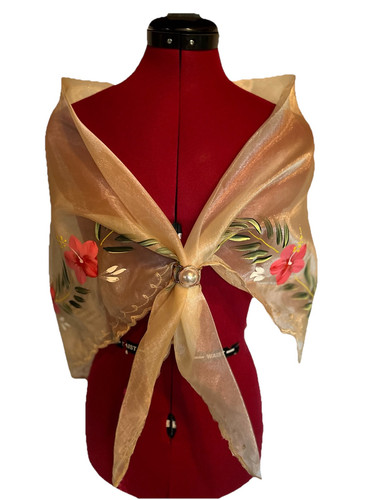 Handpainted Filipiniana Alampay Floral Shawl MA. Clara Beige W/ring SHIP FREE